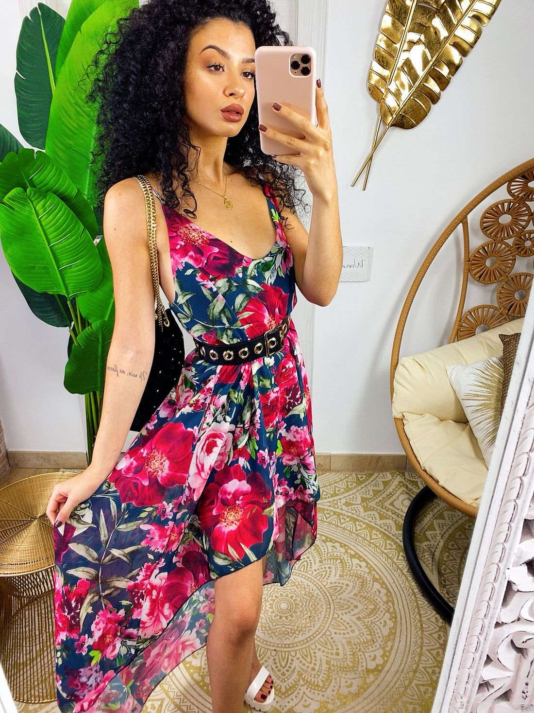 Abito con gonna asimmetrica e fiorellini base petrolio - R.a. Boutique 