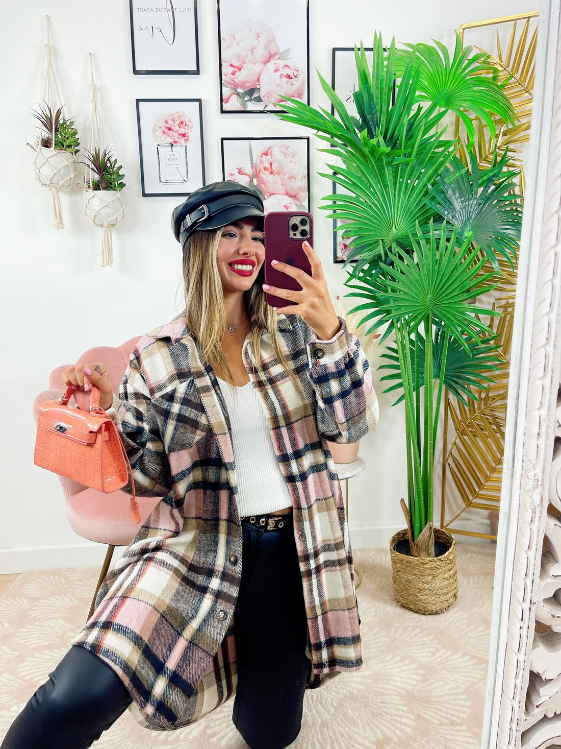 Giacca a quadri dettaglio rosa lunga - R.a. Boutique 