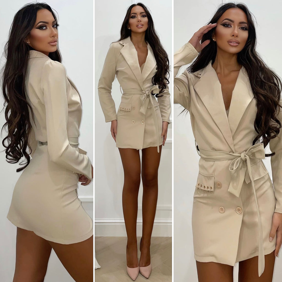 Abito a blazer beige con dettagli oro - R.a. Boutique 