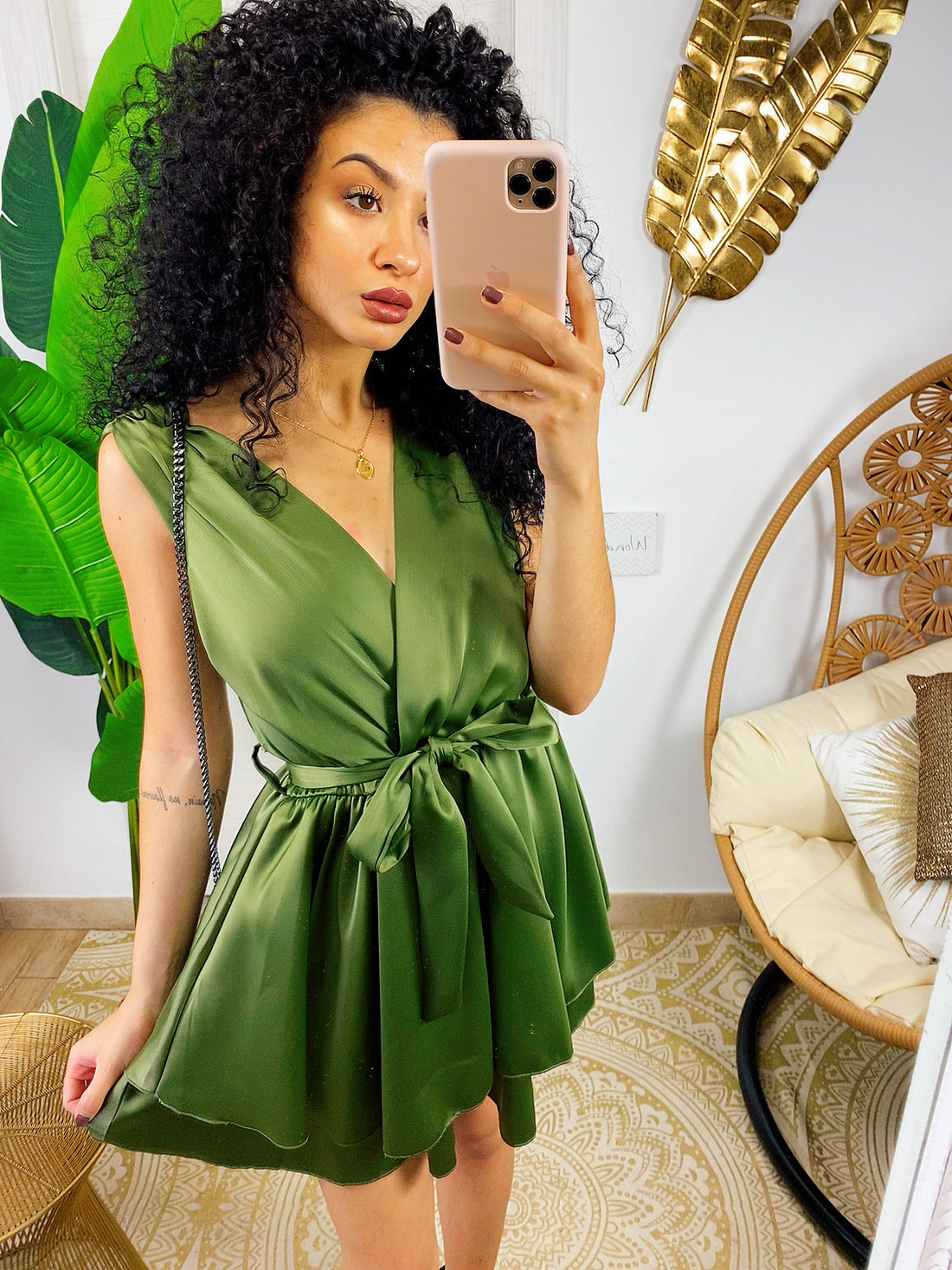 Tutina in raso con cintura verde militare - R.a. Boutique 