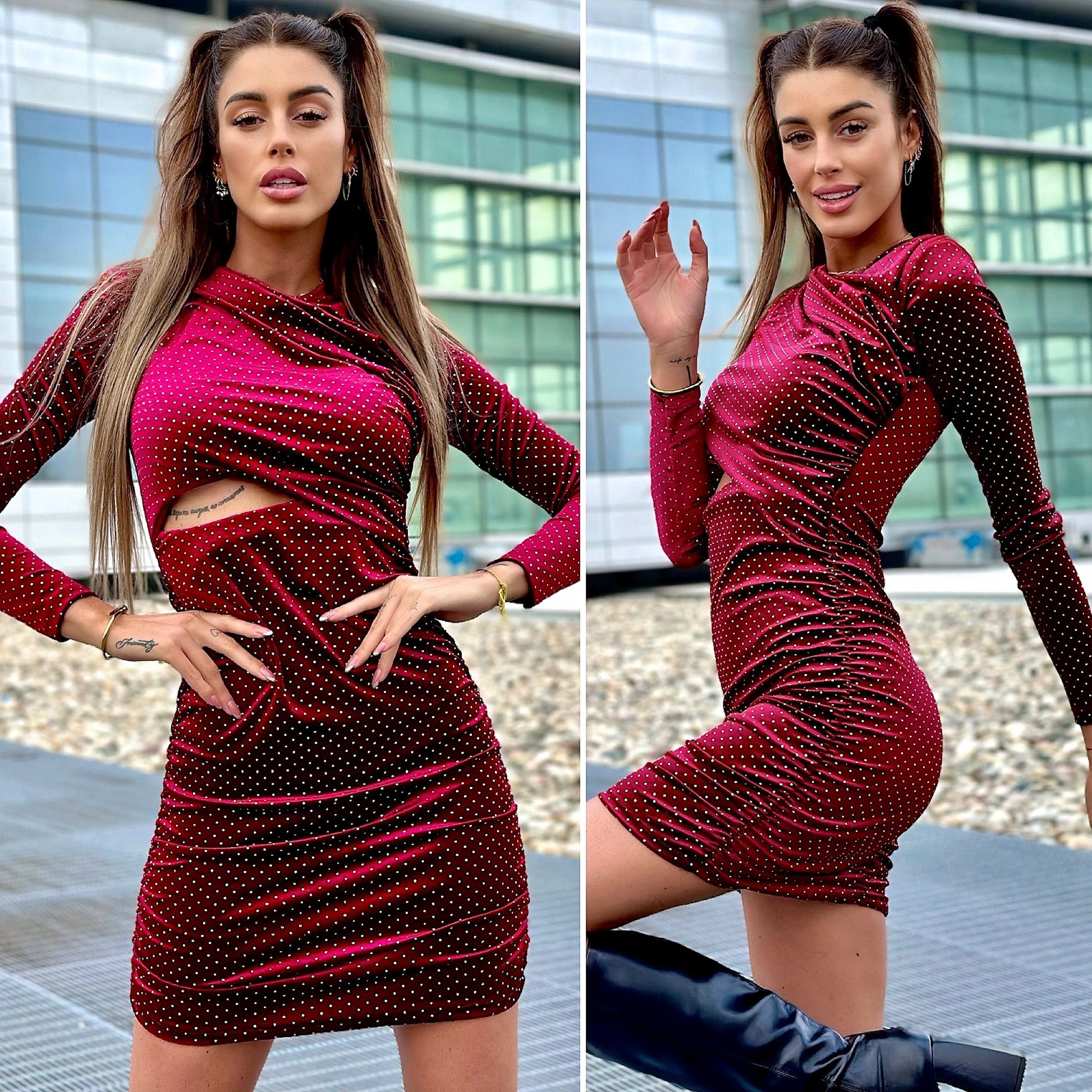 Abito Bordeaux con oblò e borchiette - R.a. Boutique 