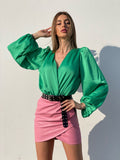 Body in raso scollo a V verde smeraldo - R.a. Boutique 