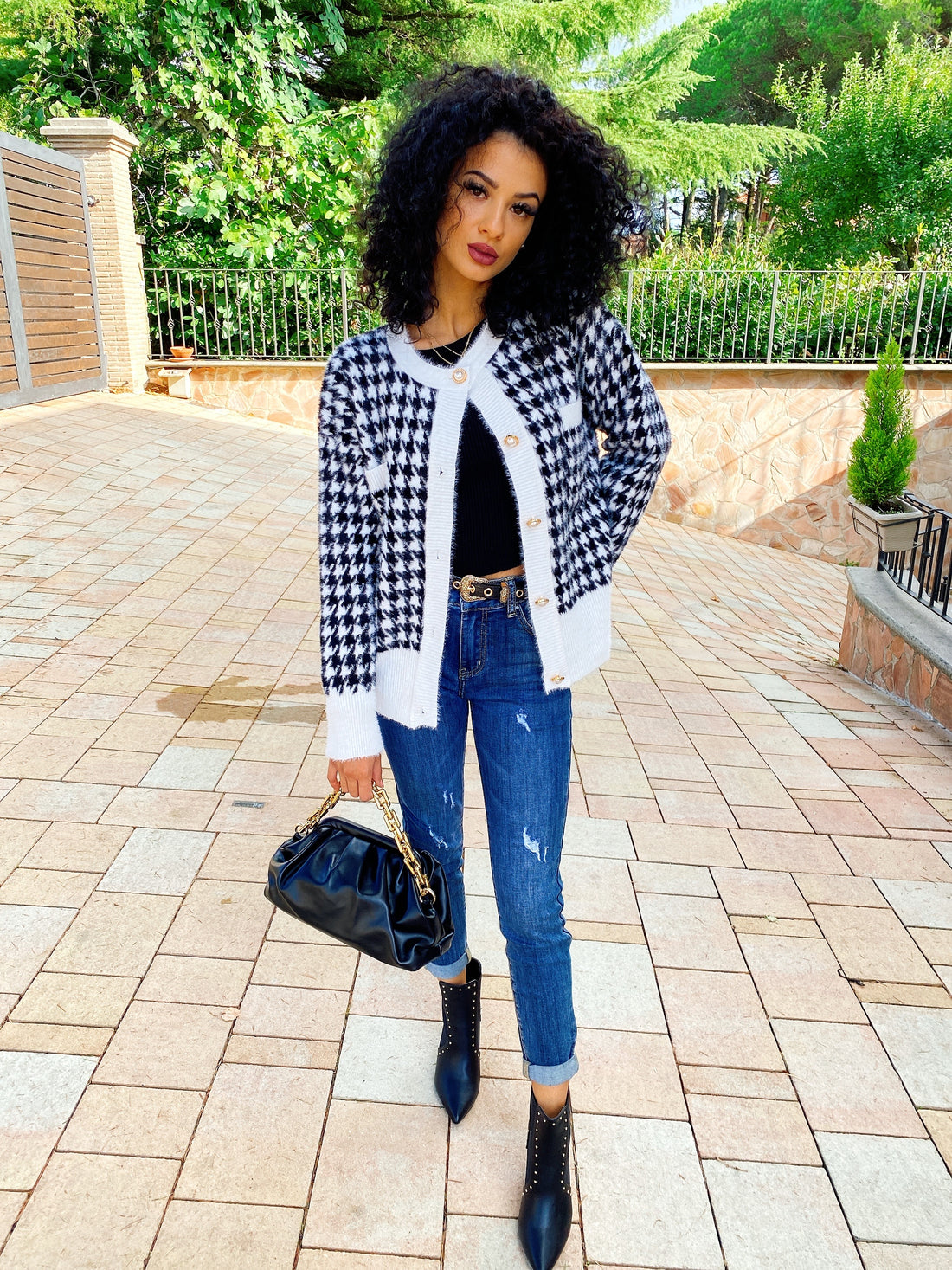 Cardigan pied de poule bottoni in perle - R.a. Boutique 