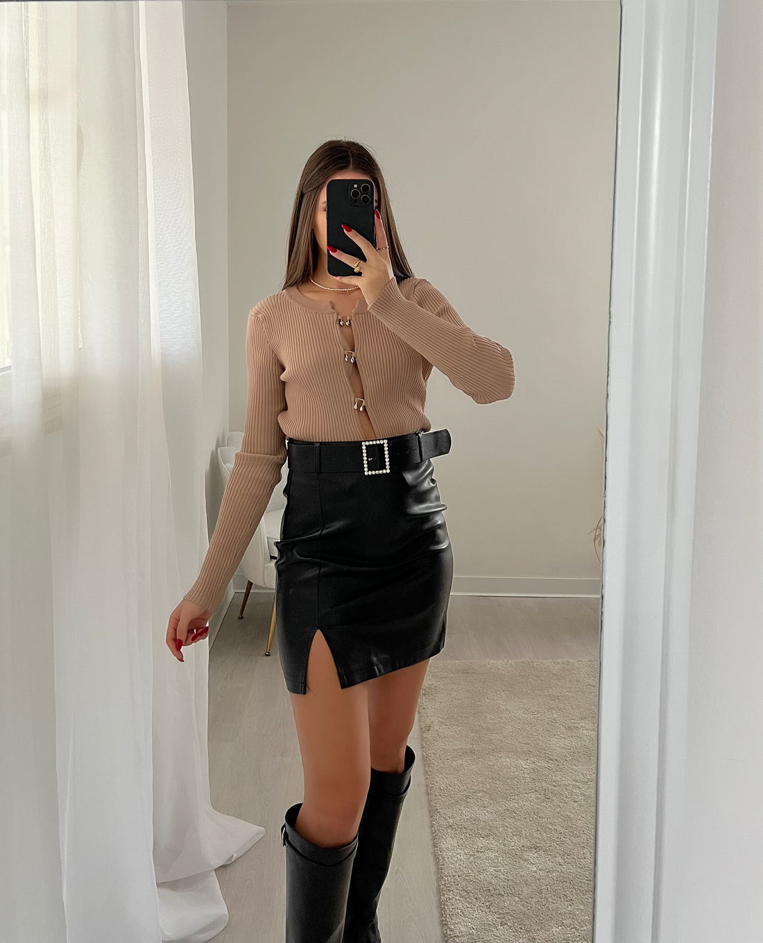 Gonna in ecopelle nera cintura strass - R.a. Boutique 