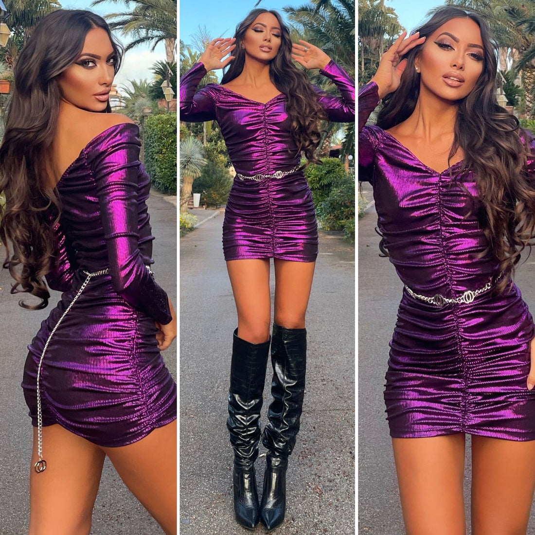 Abito viola arricciato scollo a barca - R.a. Boutique 