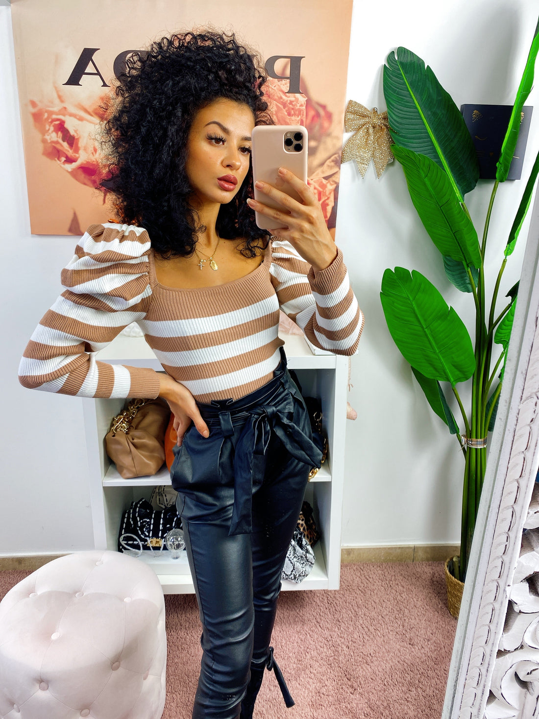 Top a righe manica bombata nude - R.a. Boutique 