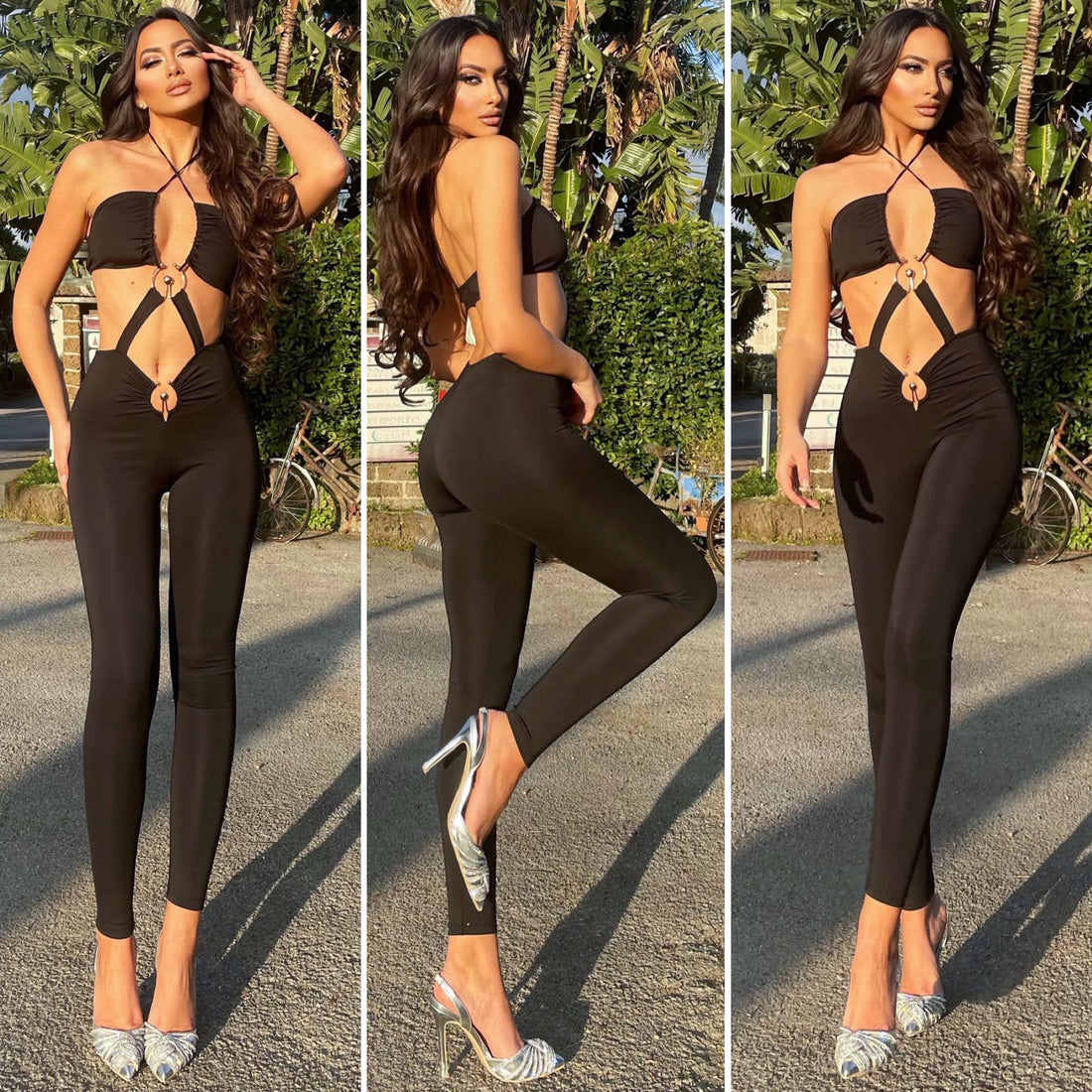 Tuta nera con incrocio e anelli oro - R.a. Boutique 