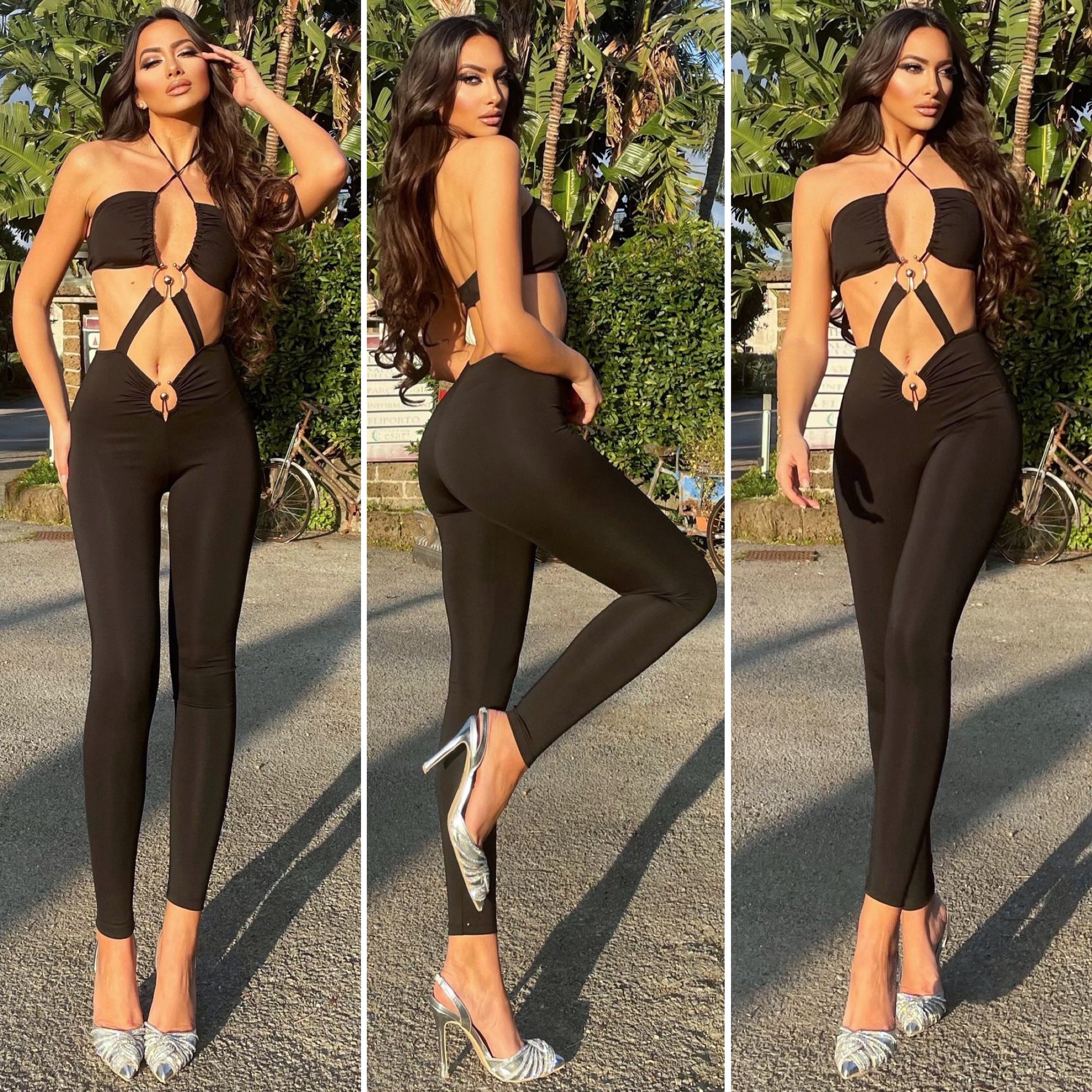 Tuta nera con incrocio e anelli oro - R.a. Boutique 