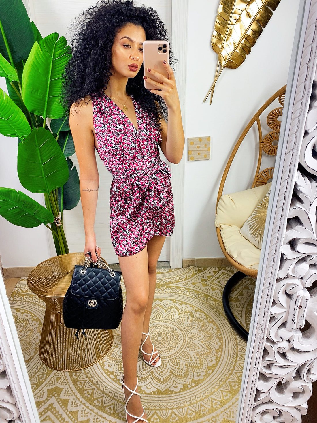 Tutina con incroci stampa a fiorellini Fuxia e nero - R.a. Boutique 