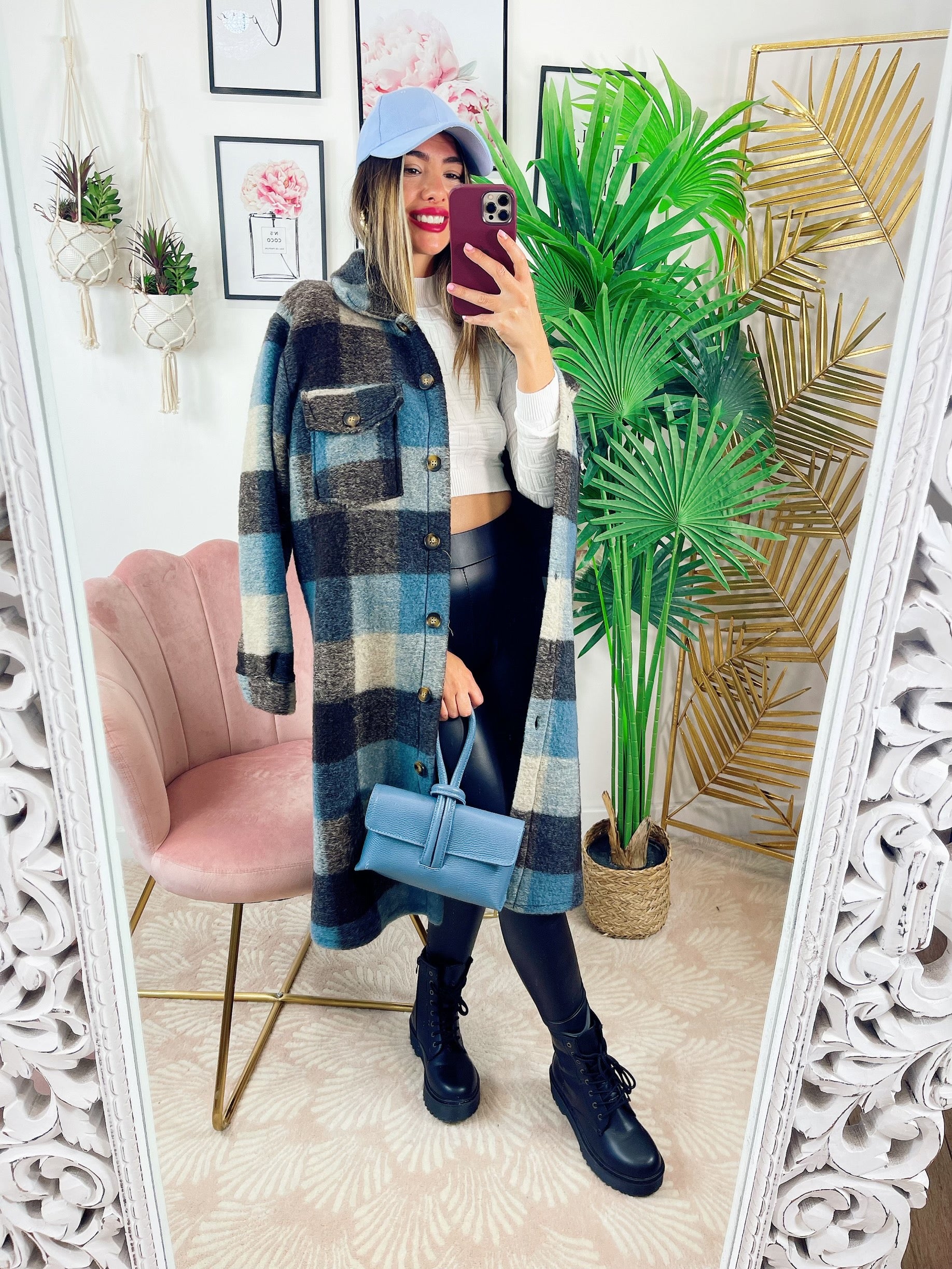 Maxi camicione a quadri nero e celeste - R.a. Boutique 