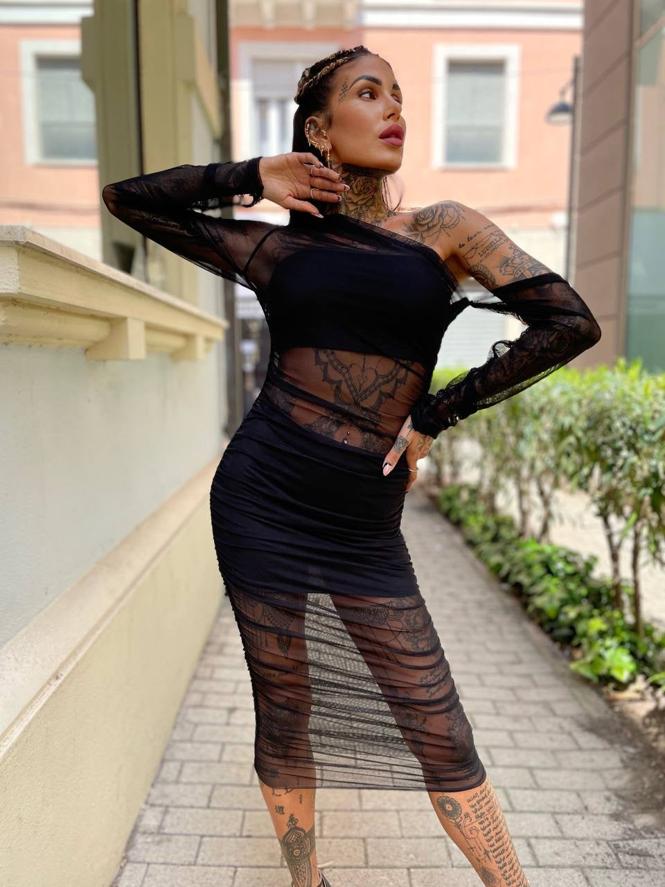 Abito lungo in velo con trasparenze - R.a. Boutique 