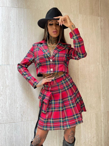 Completo giacca corta e gonna scozzese rosso - R.a. Boutique 