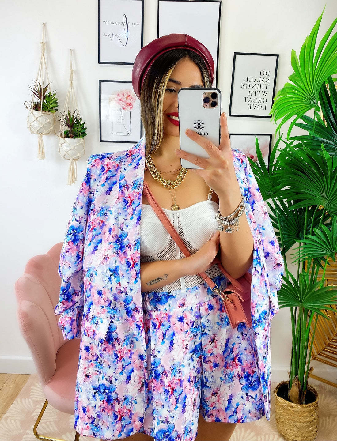 Completo Giacca e Short fiori celesti - R.a. Boutique 