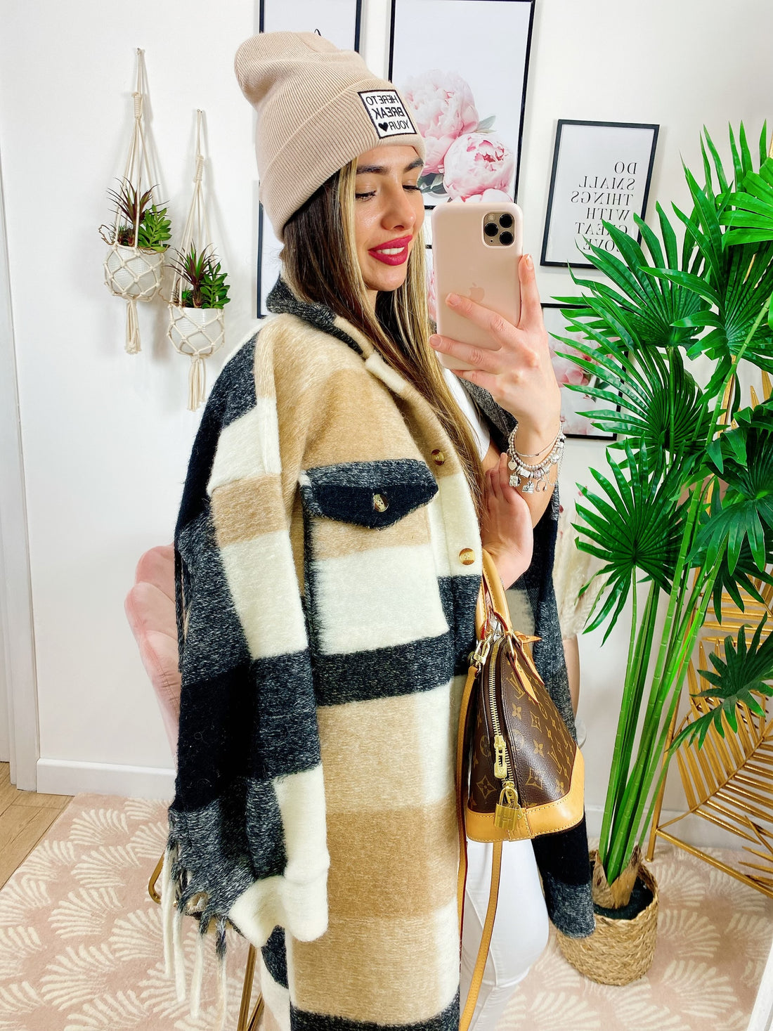 Giacca a quadri Beige nero lunga con frange - R.a. Boutique 