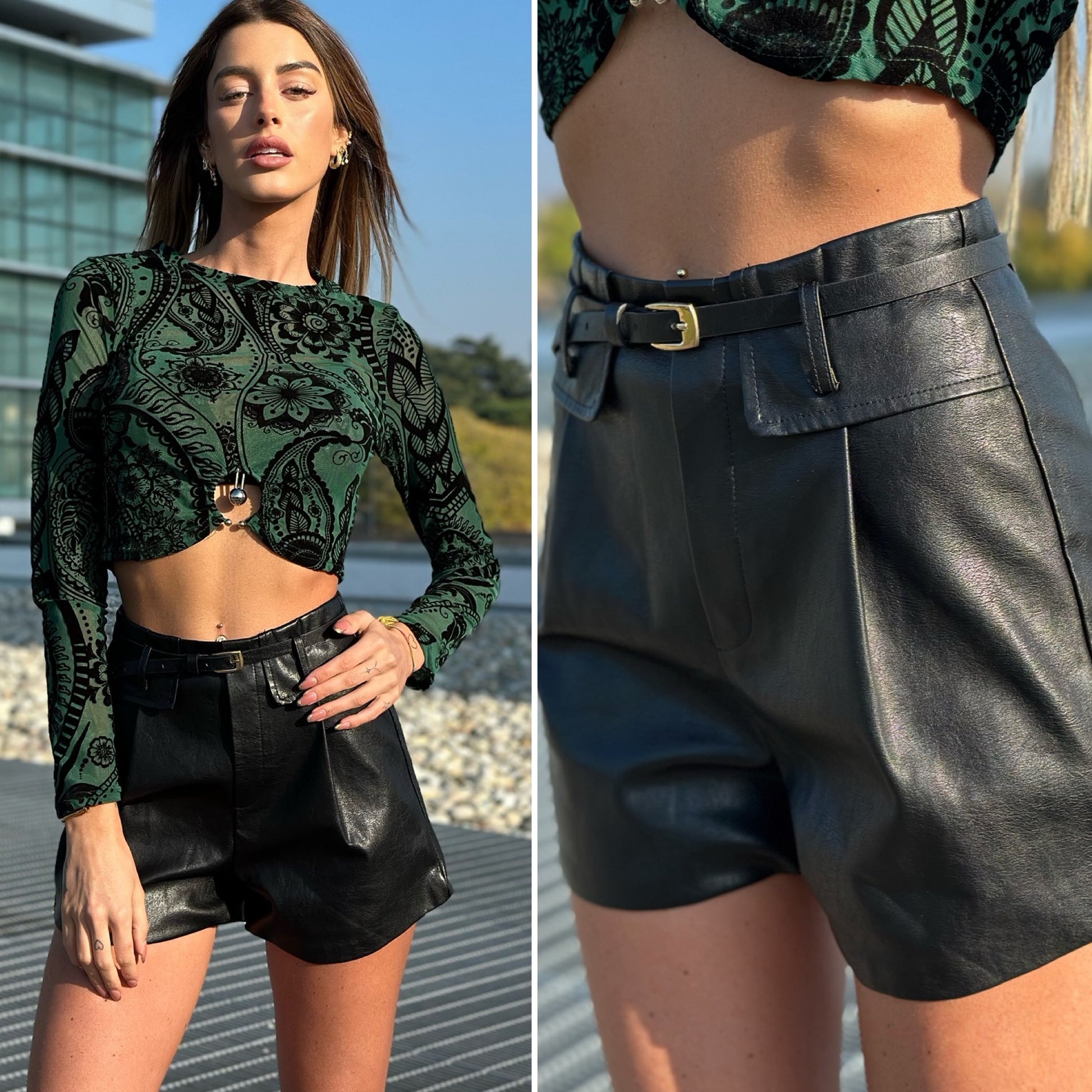 Short in ecopelle nero con cintura - R.a. Boutique 