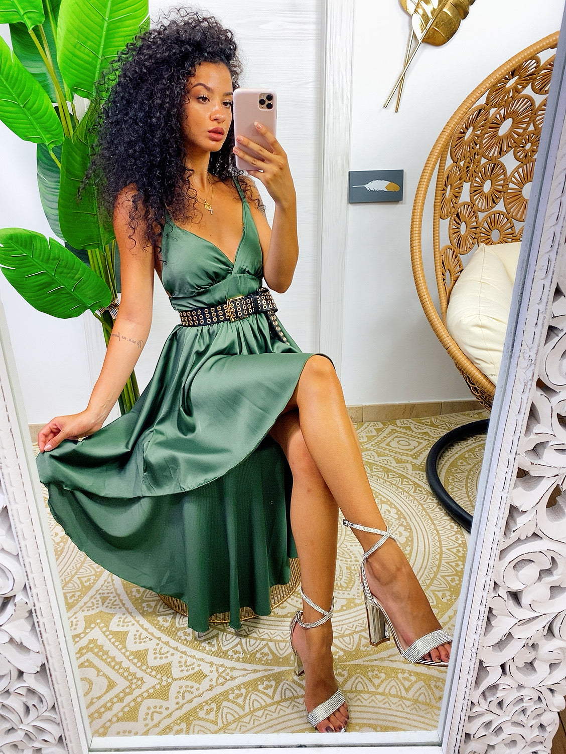 Satin dress with military green asymmetrical skirt | delivery 24/48h Satin dress with military green asymmetrical skirt | delivery 24/48h