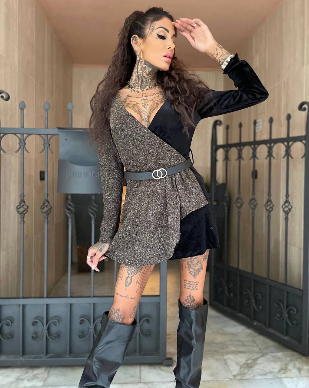 Tutina glitter nero e oro con cintura - R.a. Boutique 