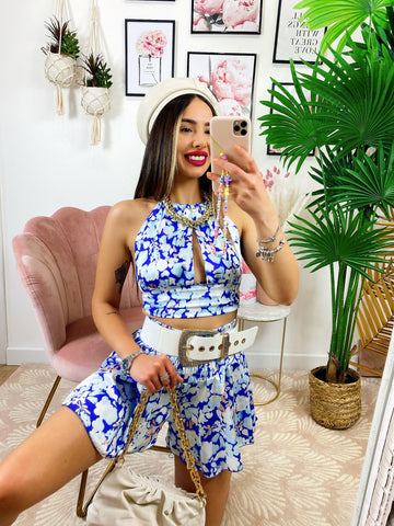 Completo floreale Gonna e top con fiocco dettagli Blu - R.a. Boutique 