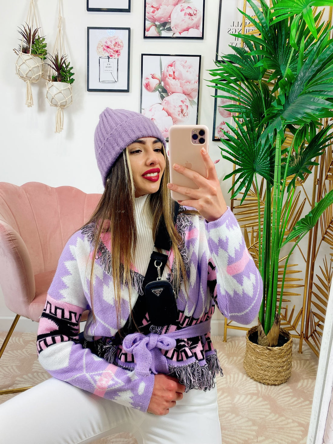 Cardigan Corto Lilla con frange e cinta - R.a. Boutique 