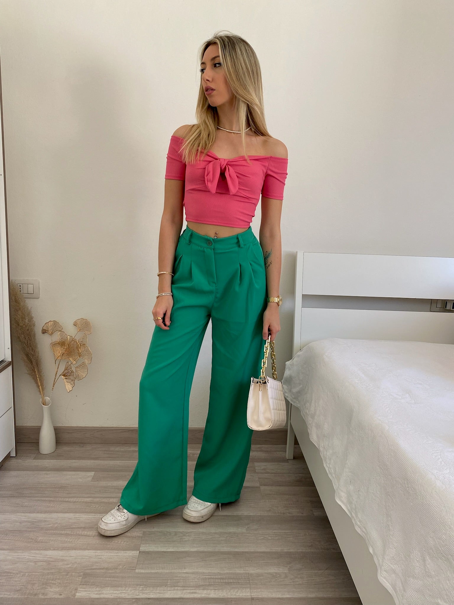 Top rosa barbie scollo a barchetta e fiocco - R.a. Boutique 