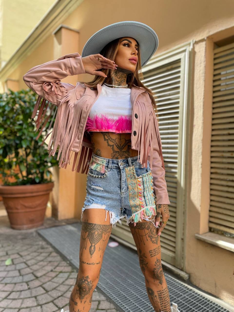 Giacchino cipria con frange - R.a. Boutique 