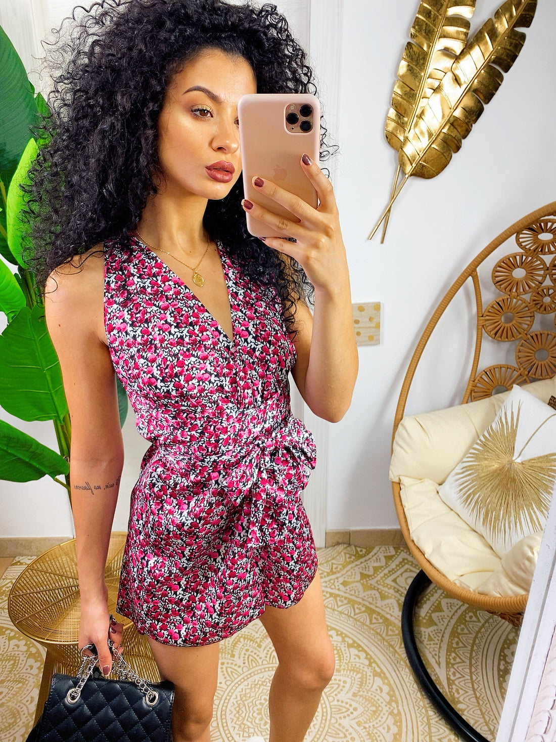 Tutina con incroci stampa a fiorellini Fuxia e nero - R.a. Boutique 