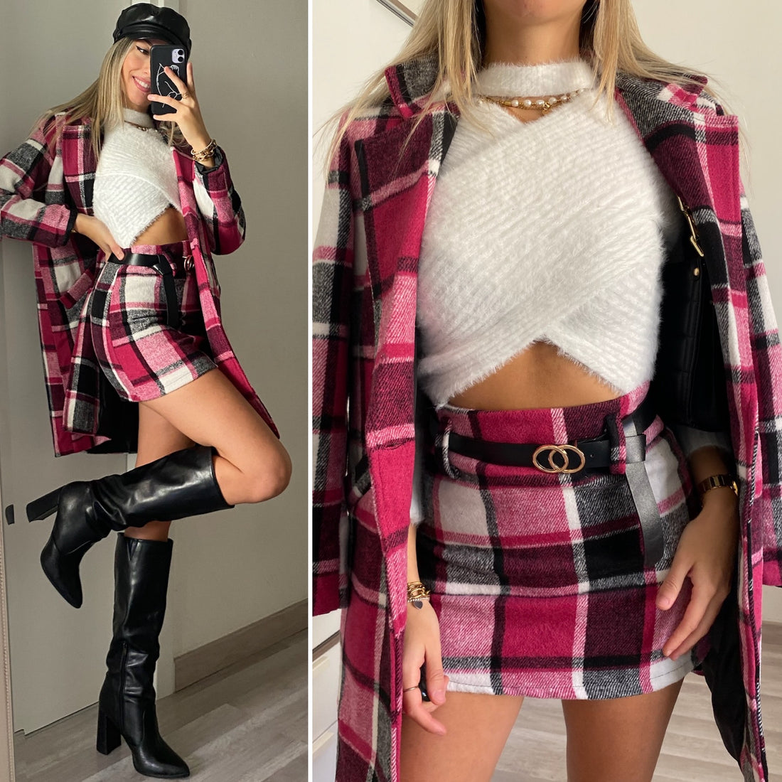 Cappotto check trama Fuxia nero - R.a. Boutique 