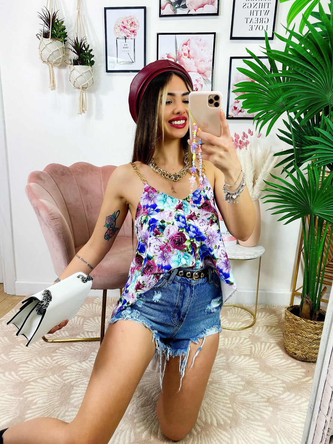 Maxi maglia floreale con catena dettagli Fuxia - R.a. Boutique 