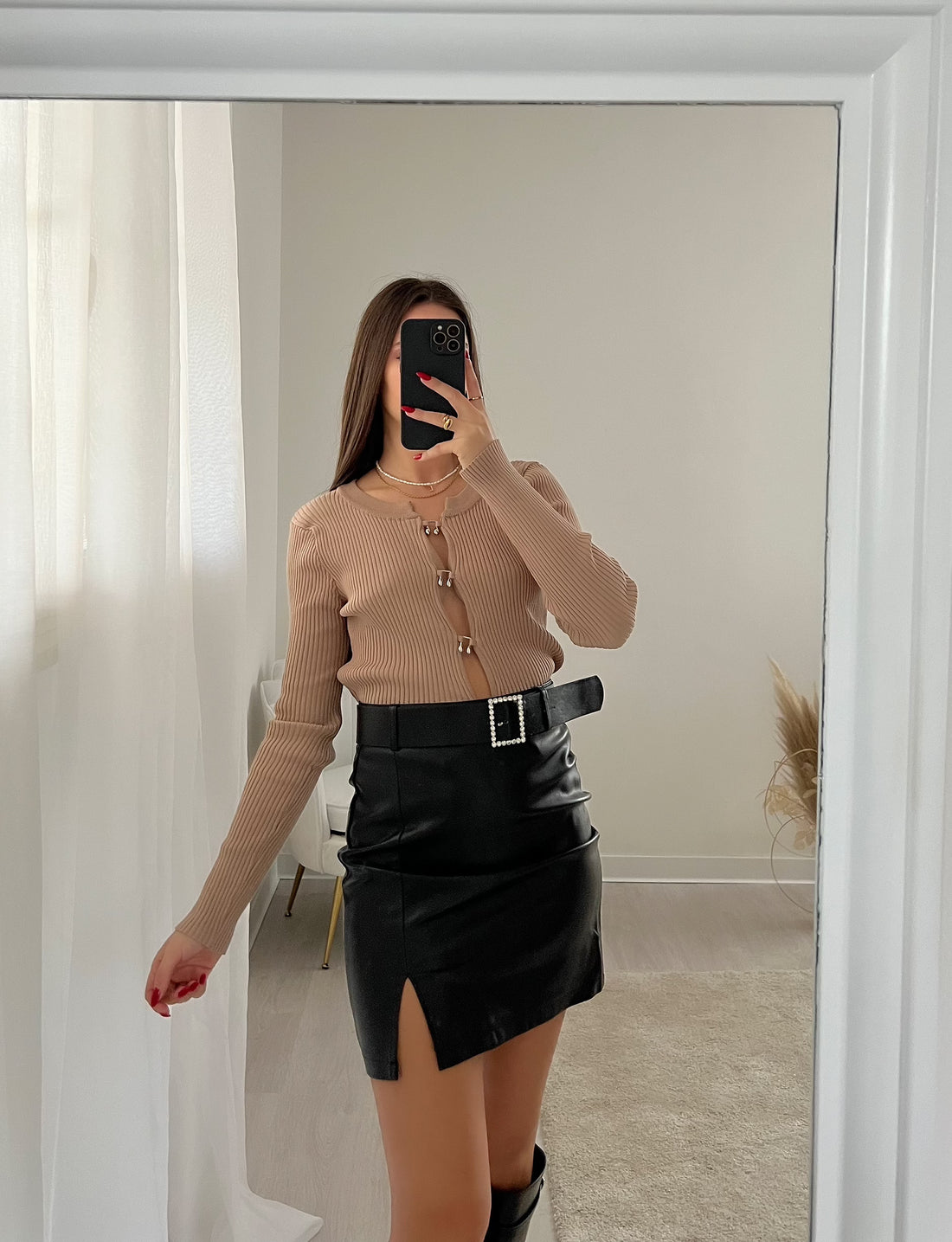 Gonna in ecopelle nera cintura strass - R.a. Boutique 