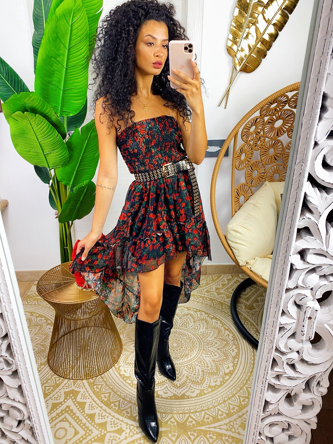 Abito a fascia nero a fiori rossi - R.a. Boutique 