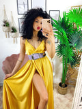 Abito in raso con maxi spacco Giallo - R.a. Boutique 