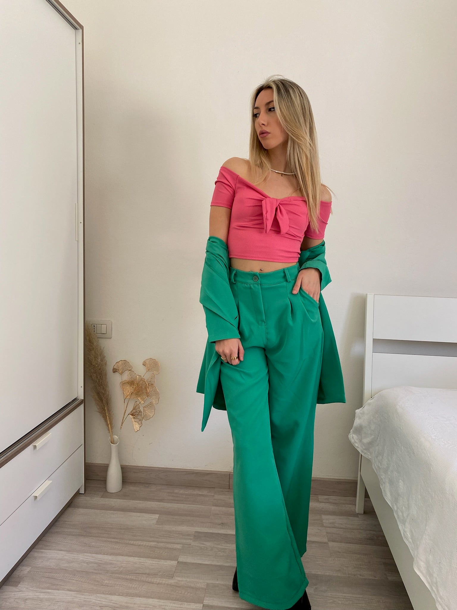 Top rosa barbie scollo a barchetta e fiocco - R.a. Boutique 