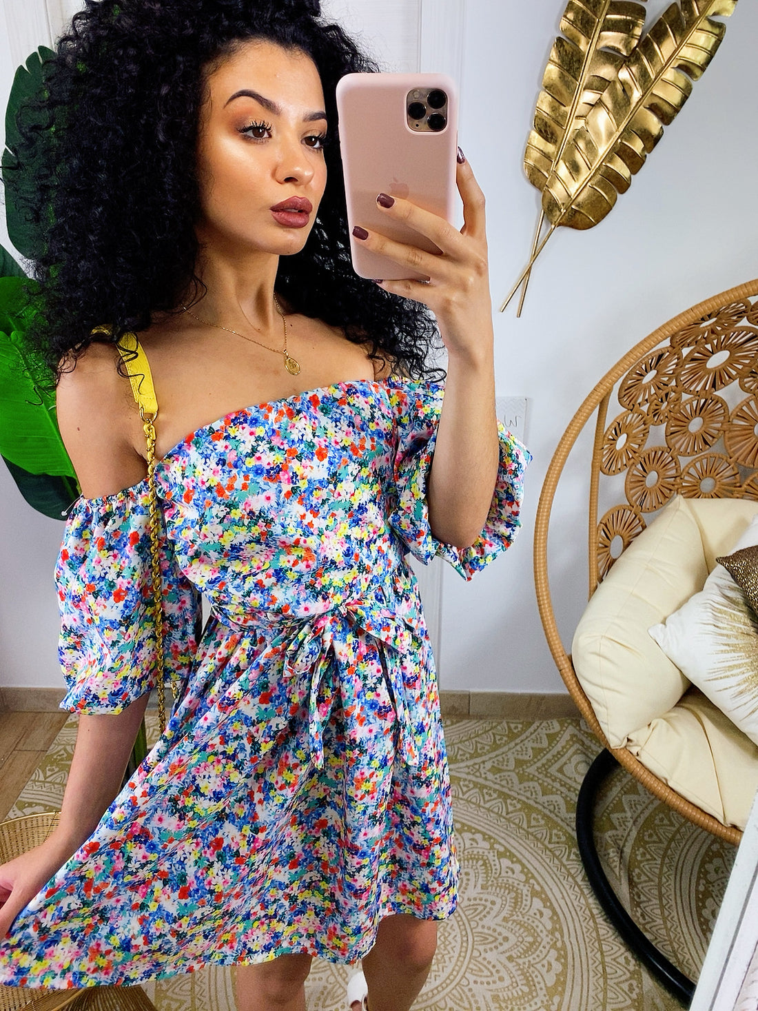 Abito a fiori con scollo a barchetta celestino - R.a. Boutique 