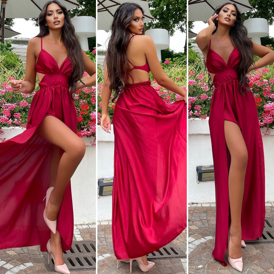 Abito in raso bordeaux con spacco - R.a. Boutique 