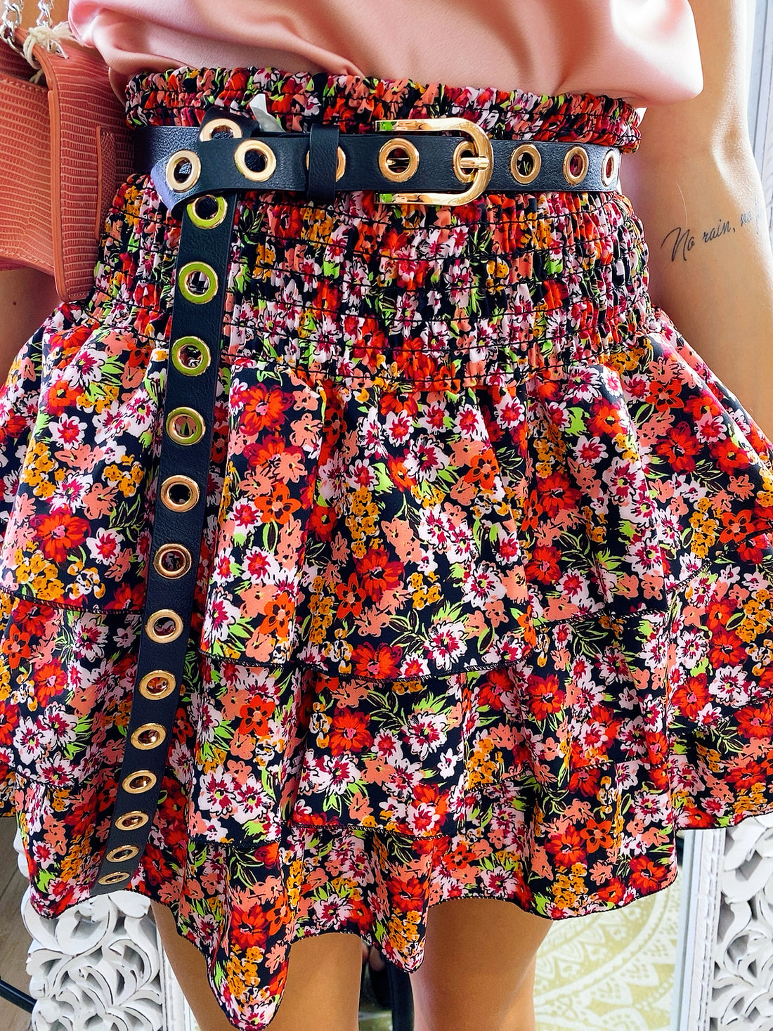 Gonna a balze con fiori rossi e arancio - R.a. Boutique 