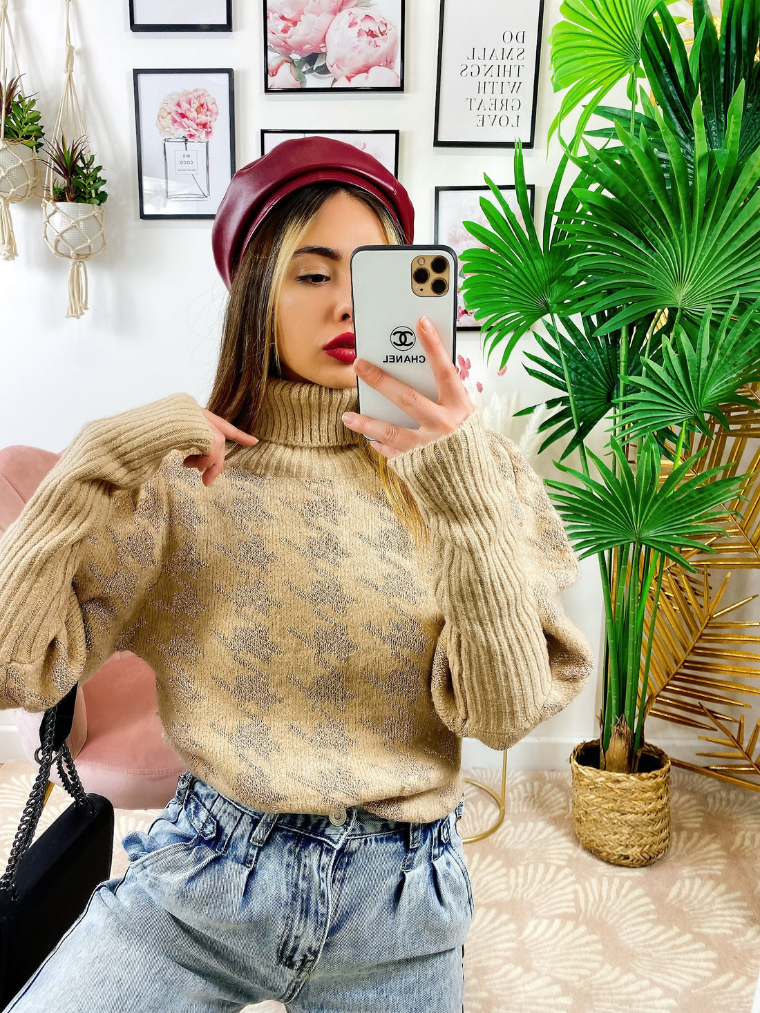 Maglione collo alto beige e oro - R.a. Boutique 