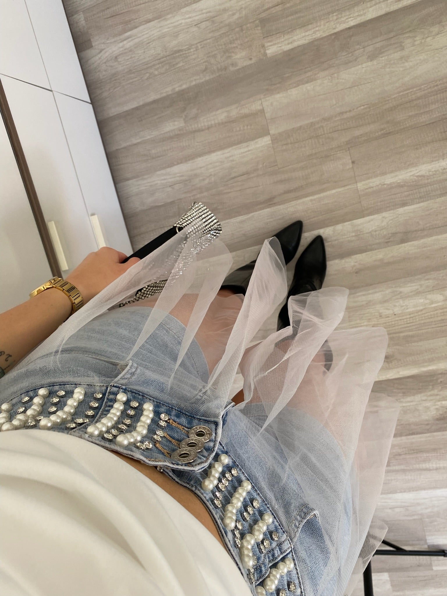 Short in jeans con perle e tulle - R.a. Boutique 