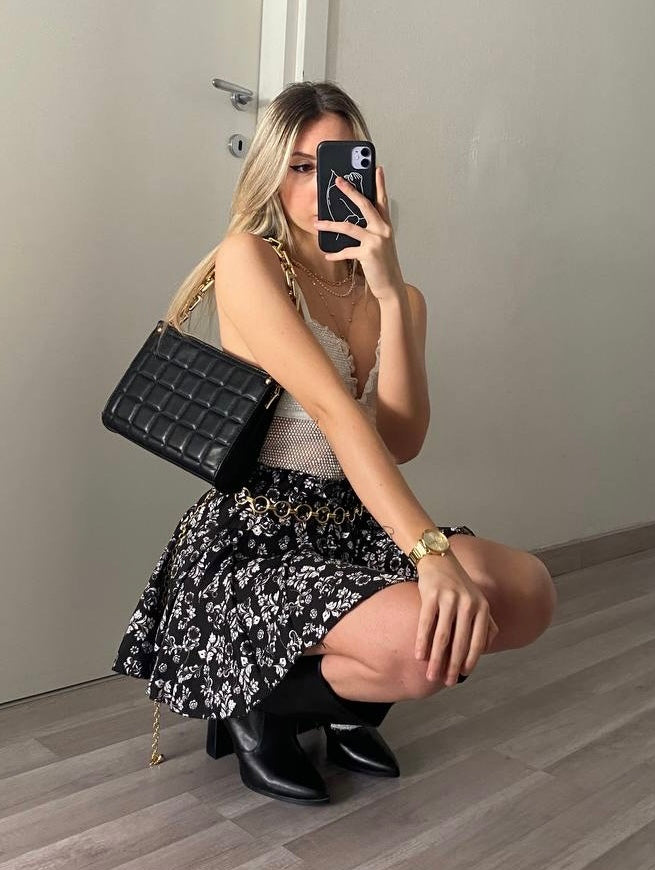 Gonna a ruota nera a fiorellini bianchi - R.a. Boutique 