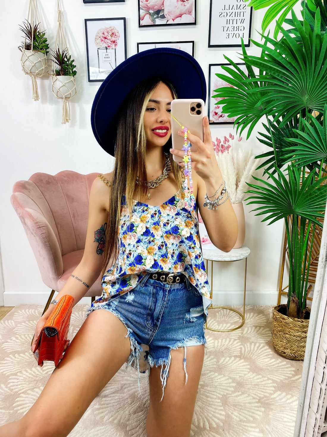 Maxi maglia floreale con catena dettagli blu - R.a. Boutique 