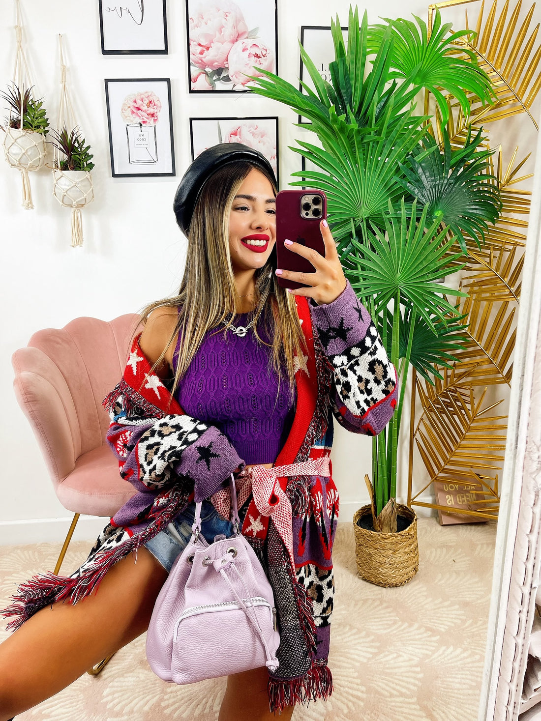 Cardigan con frange dettaglio Maculato lilla - R.a. Boutique 