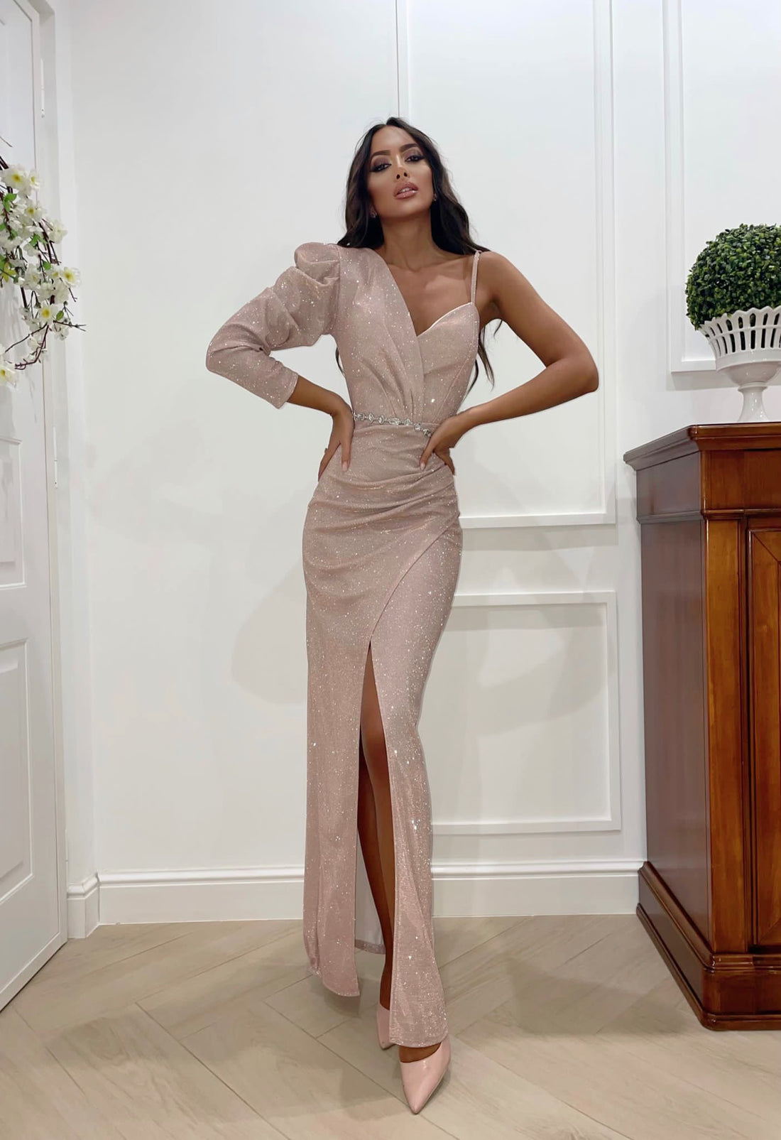 Abito monospalla glitter cipria - R.a. Boutique 