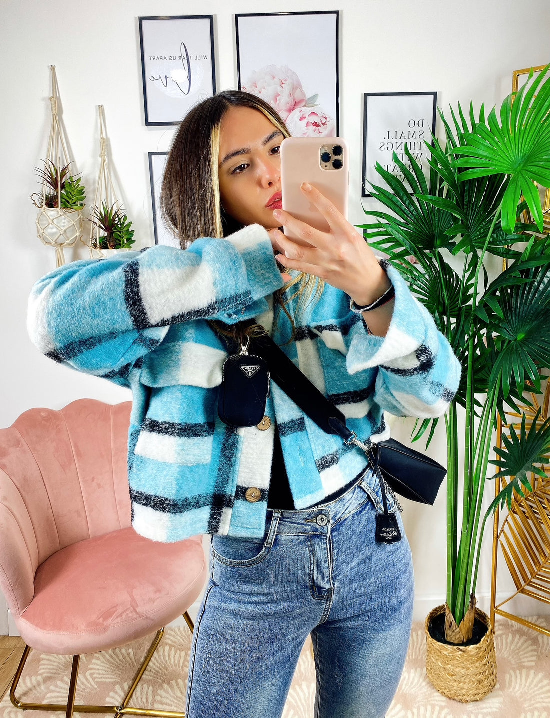 Giacca a quadri Corta Celeste - R.a. Boutique 