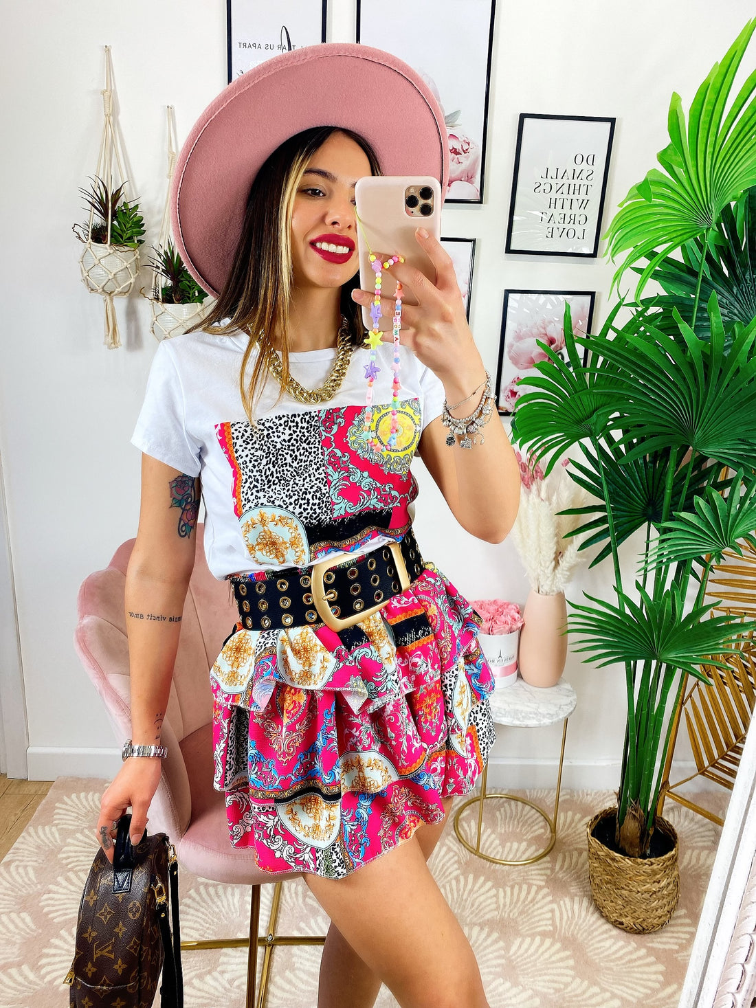 Completo etnico gonna e t-shirt base fucsia - R.a. Boutique 