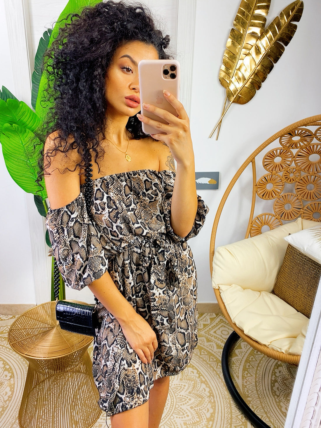 Abito pitonato marrone con scollo a barchetta - R.a. Boutique 