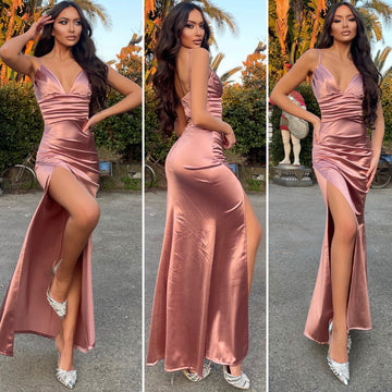 Abito in raso cipria con drappeggio - R.a. Boutique 