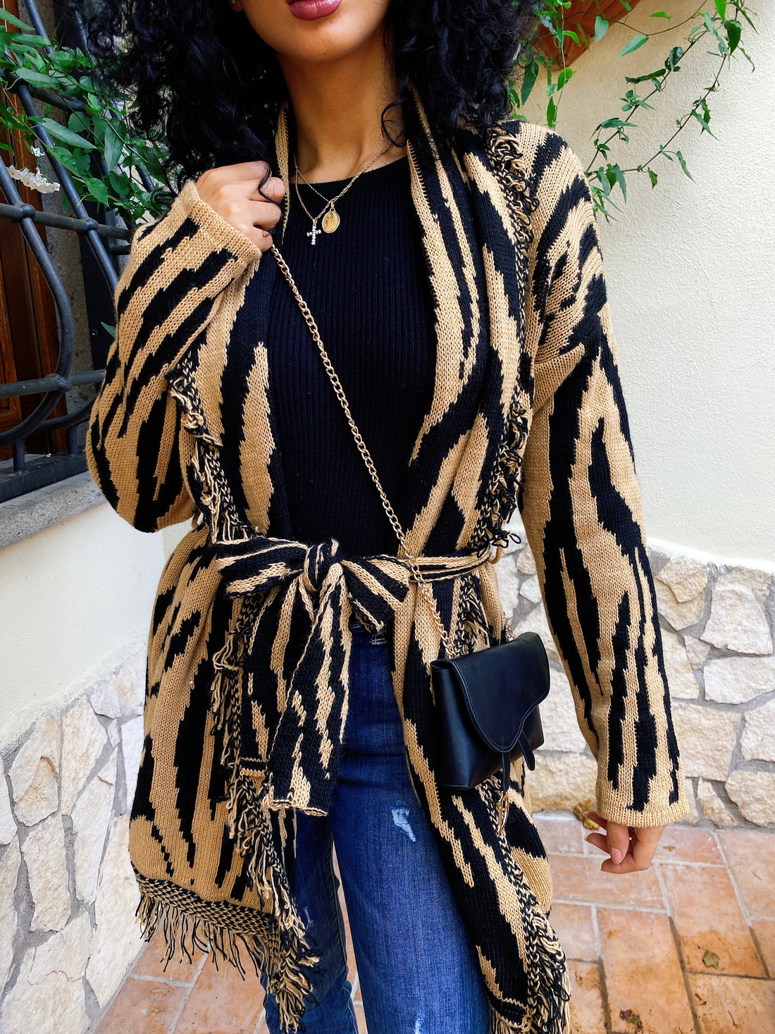 Cardigan Camel/Black con frange e cinta - R.a. Boutique 