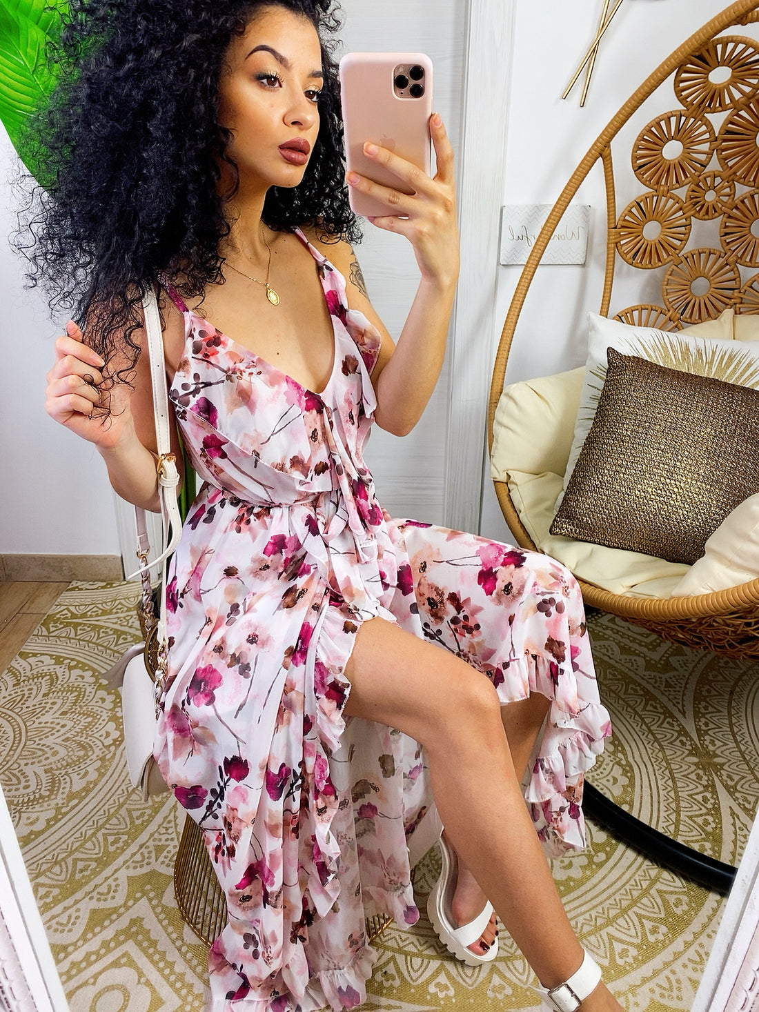 Abito con gonna asimmetrica e fiorellini rosa - R.a. Boutique 