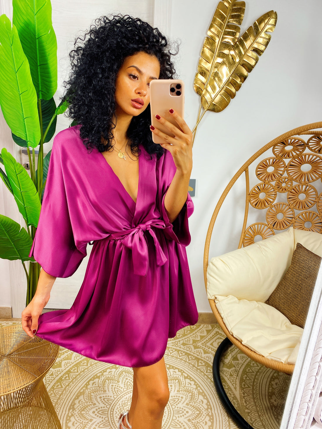 Abito a kimono in raso con cintura peonia - R.a. Boutique 