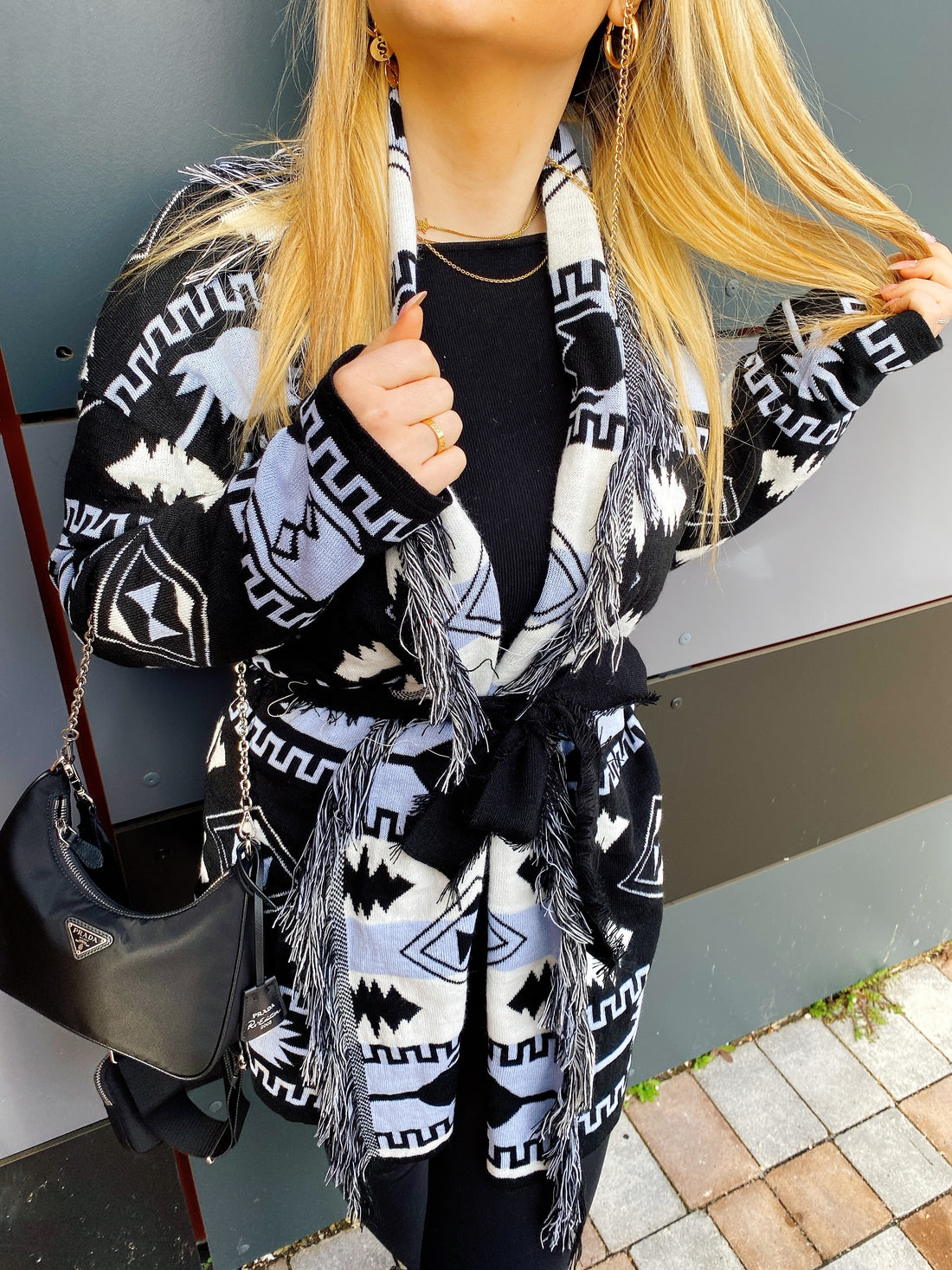 Cardigan Black/Celeste con frange e cinta - R.a. Boutique 