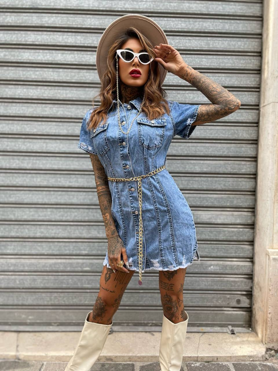 Abito in jeans con catena oro - R.a. Boutique 